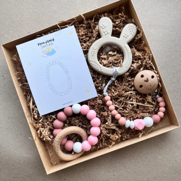 Silikoninis kramtukas ir čiulptuko laikiklis