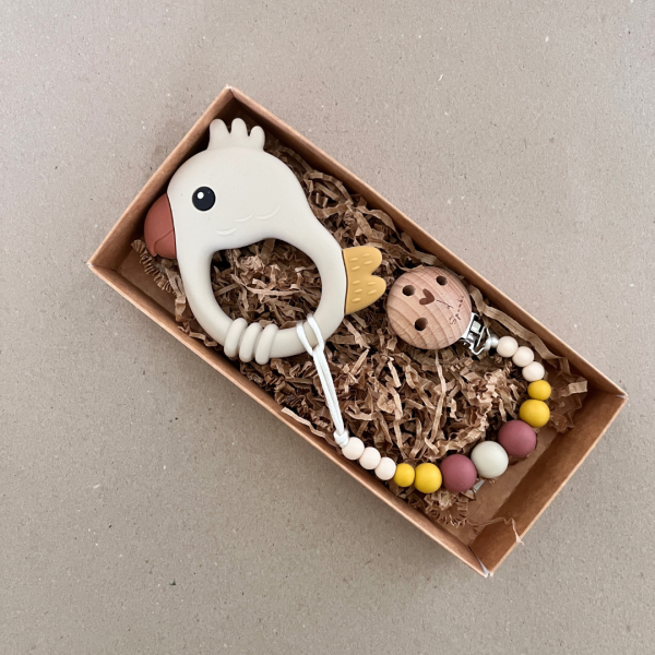 Silikoninis kramtukas ir ciulptuko laikiklis - dovana naujagimiui