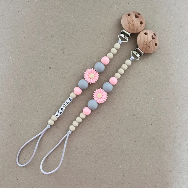 Silikoninis čiulptuko laikiklis su gėlyte- vardinis čiulptuko laikiklis