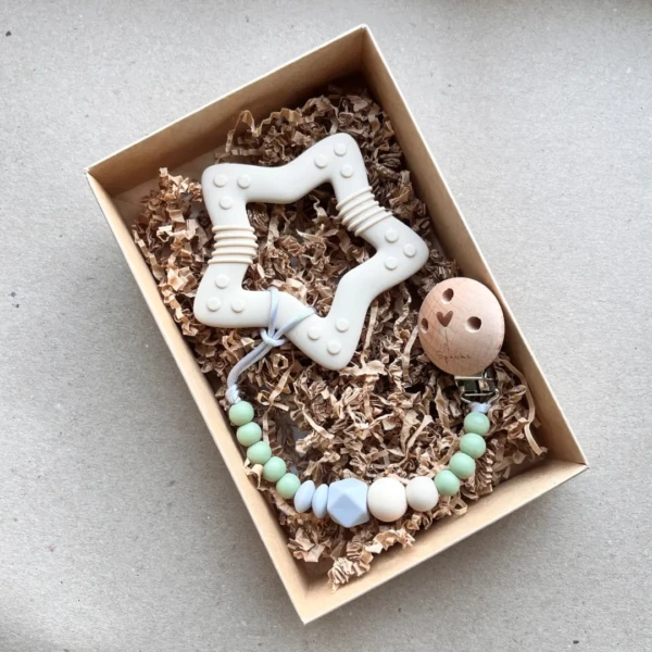 Silikoninis kramtukas ir čiulptuko laikiklis