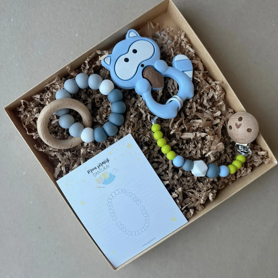 kramtukas kūdikiui rinkinys su beždžionėlės kramtuku ir laikikliu