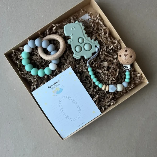 popit kramtukas kūdikiui rinkinys su dinozauro kramtuku ir laikikliu