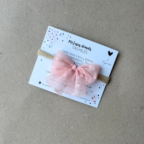 nailono juostelė kūdikiui persikinės spalvos tiulio bantukas su taškučiais