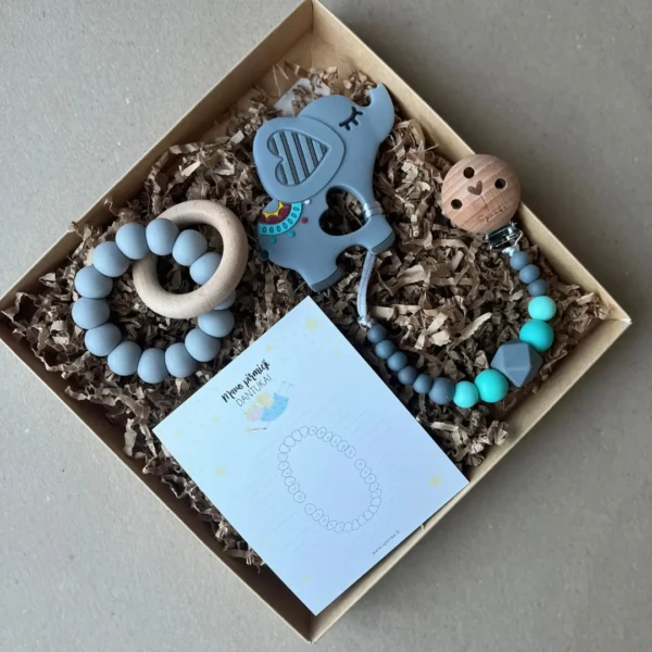 kramtukas kūdikiui rinkinys su čiulptuko laikikliu drambliukas