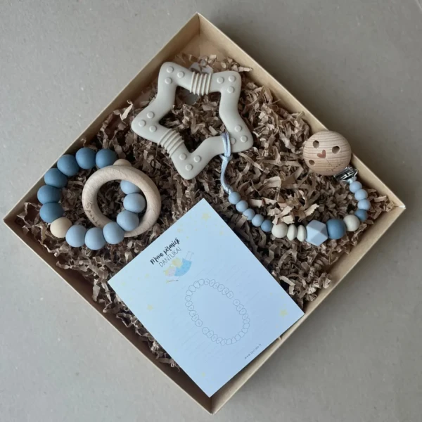 kramtukas kūdikiui rinkinys su žvaigždės kramtuku ir čiulptuko laikikliu