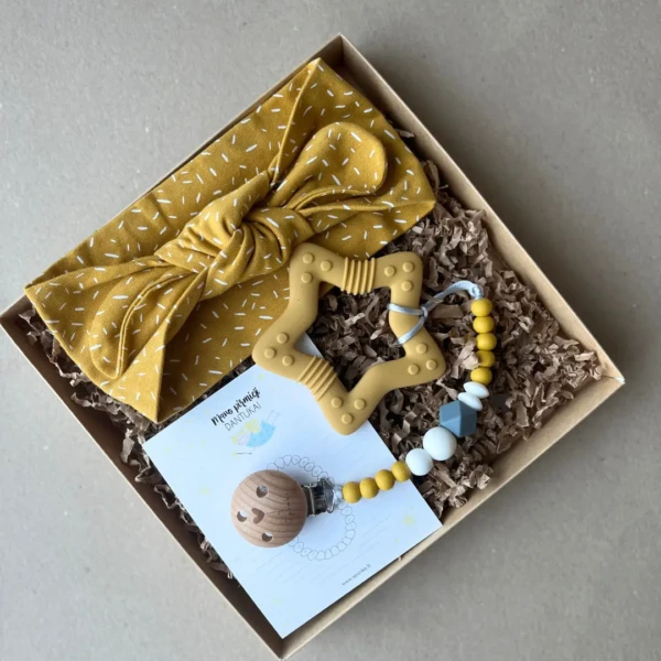 galvos juosta kūdikiui garstyčių spalvos su čiulptuko laikikliu ir kramtuku