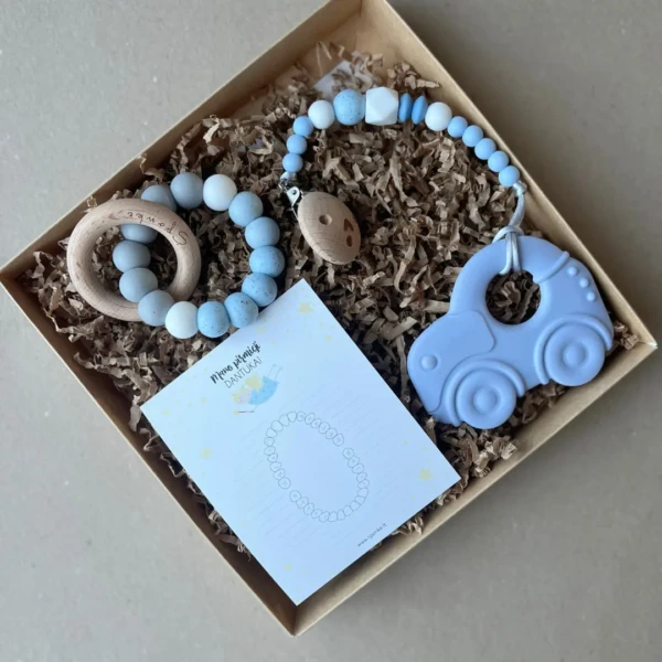 kramtukas kūdikiui rinkinys su mašinytės kramtuku ir čiulptuko laikikliu