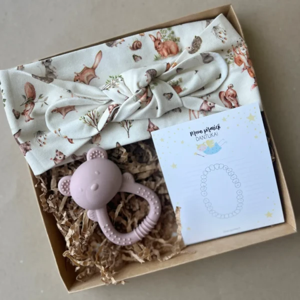 Palankynų dovana naujagimiui - silikoninis kramtukas ir galvajuoste